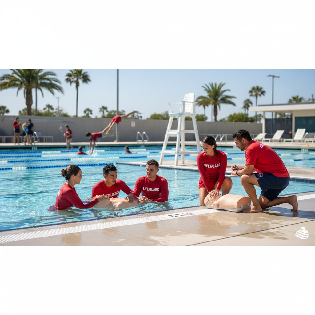 Lifeguards conducting CPR training at poolside