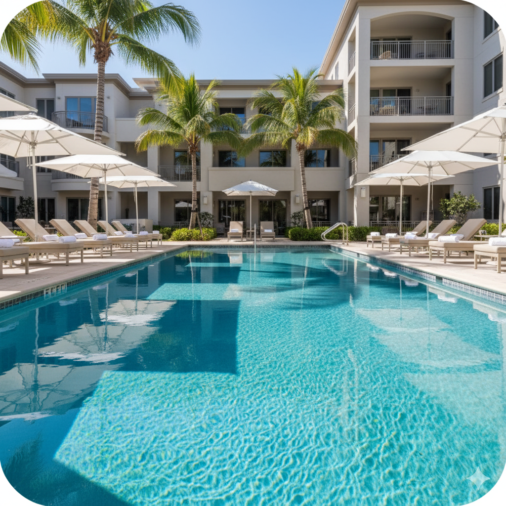 Luxury residential pool with palm trees and modern building