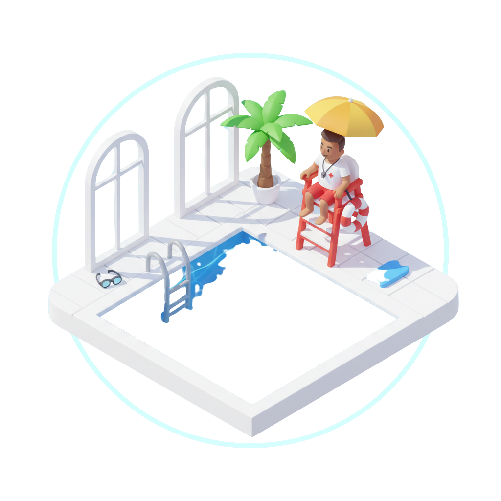 Isometric indoor pool scene with lifeguard and pool amenities